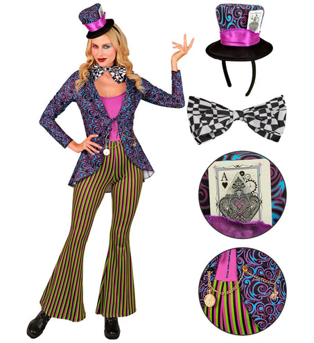 Gekke Hatter kostuum dames compleet met hoedje op diadeem, zwart-wit schaakbord strikje en jumpsuit