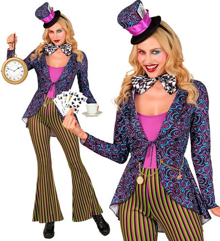 Gekke Hatter colbert dames met paars-blauwe krulprint, roze jumpsuit en hoge hoed met speelkaart