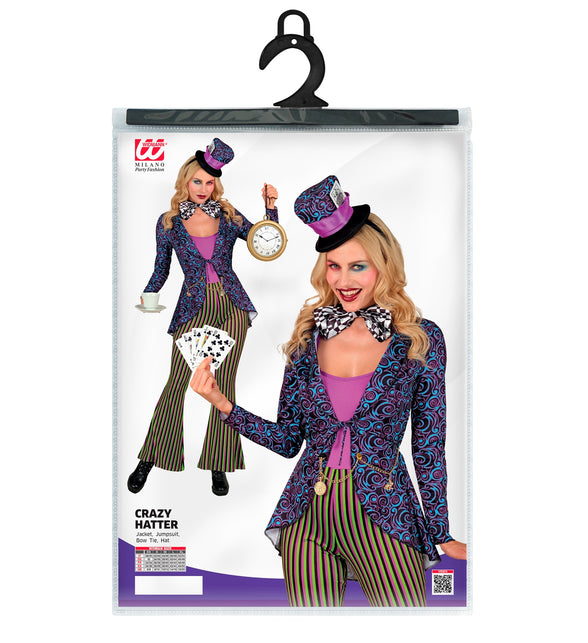 Gekke Hatter colbert dames in verpakking met maattabel XS tot XL, sprookjesfeest kostuum