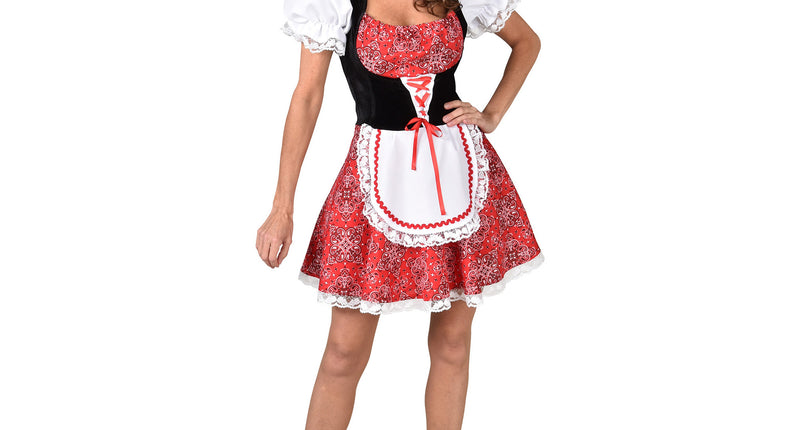 Dirndl jurkje Nederlandse stijl met rood-witte print, zwart lijfje en wit schort voor dames op Oktoberfest