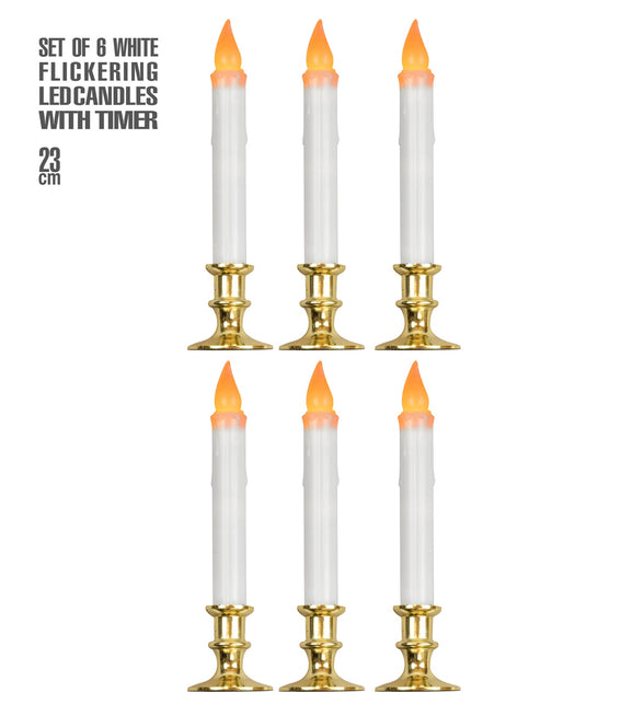 Set van 6 witte kaarsen met flikkerend licht en timer 23cm Noah