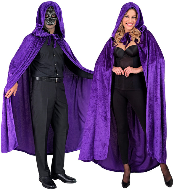 Paars fluwelen cape met kap 140cm Luuk
