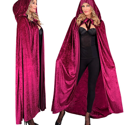 Fluwelen cape bordeaux van 140 cm met strikband bij de hals, zij- en vooraanzicht
