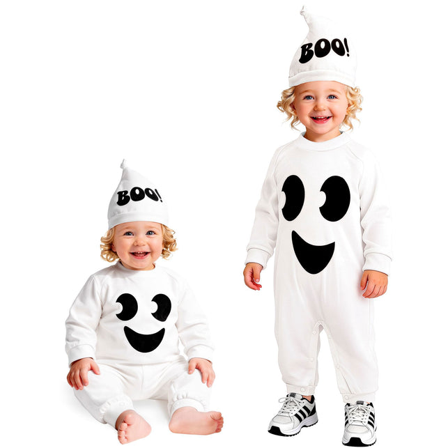 Spook jumpsuit kinderen wit met kapje en BOO-opdruk