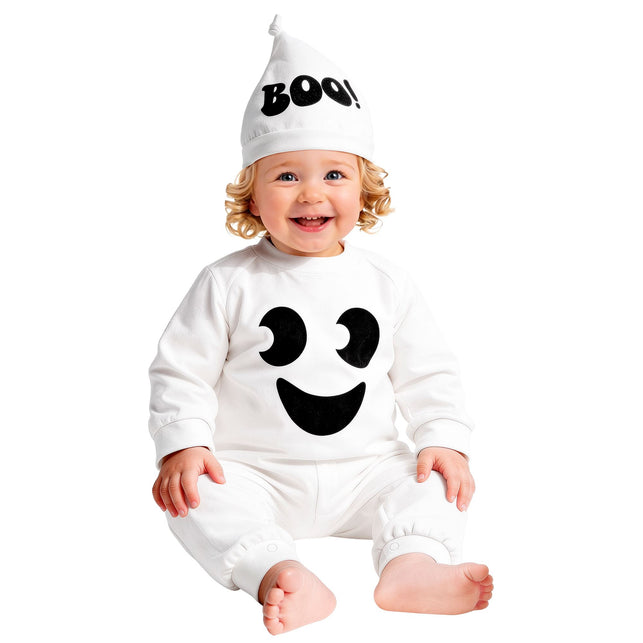 Spook jumpsuit kinderen wit met kapje en BOO-opdruk — foto 2