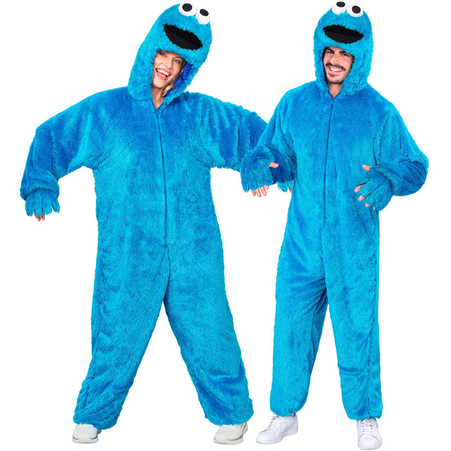 Snoep monster jumpsuit blauw met capuchon volwassenen