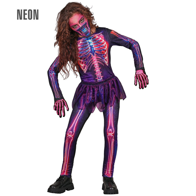 Neon skelet jumpsuit meisjes 3-delig met tutu en masker