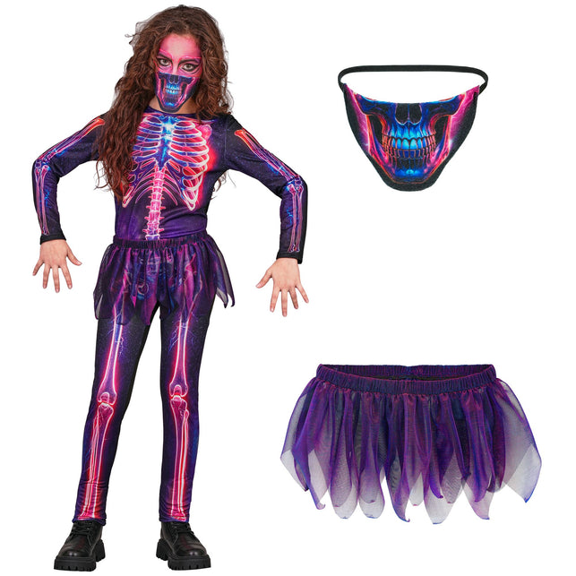 Neon skelet jumpsuit meisjes 3-delig met tutu en masker — foto 2