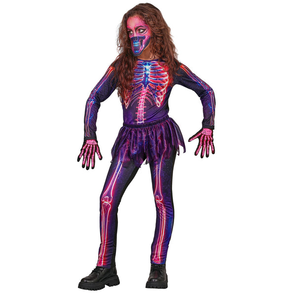Neon skelet jumpsuit meisjes 3-delig met tutu en masker — foto 3