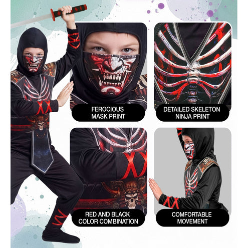 Ninja skelet jumpsuit jongens zwart met rode print — foto 4