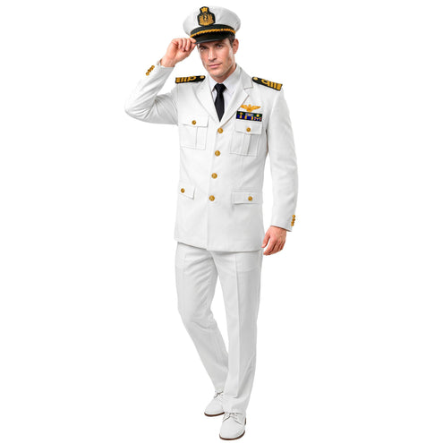 Kapitein kostuum heren wit met colbert, broek en pet