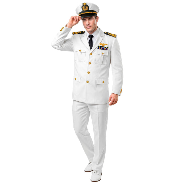 Kapitein kostuum heren wit met colbert, broek en pet