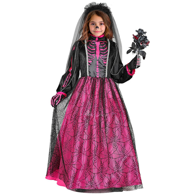 Skeletbruidsjurk meisjes roze met sluier en hoepelrok