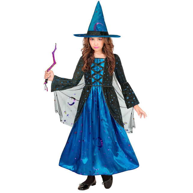 Heksenjurk met sluier meisjes blauw met sterrenprint — foto 3