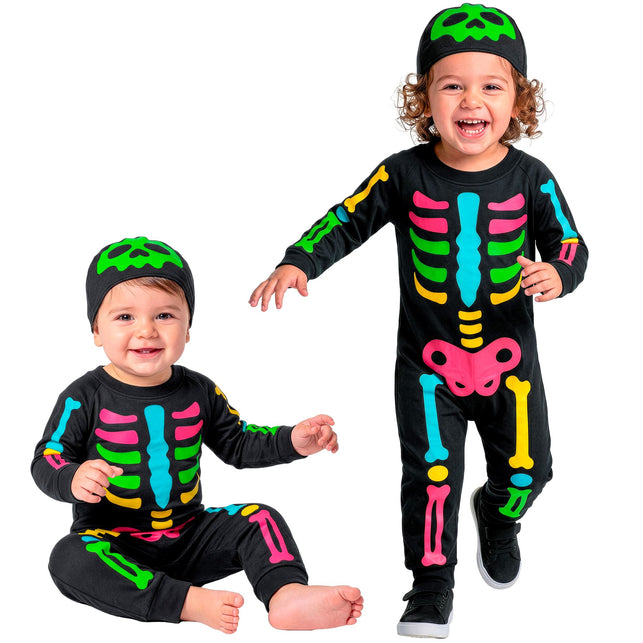 Gekleurde skelet jumpsuit jongens met hoofddeksel