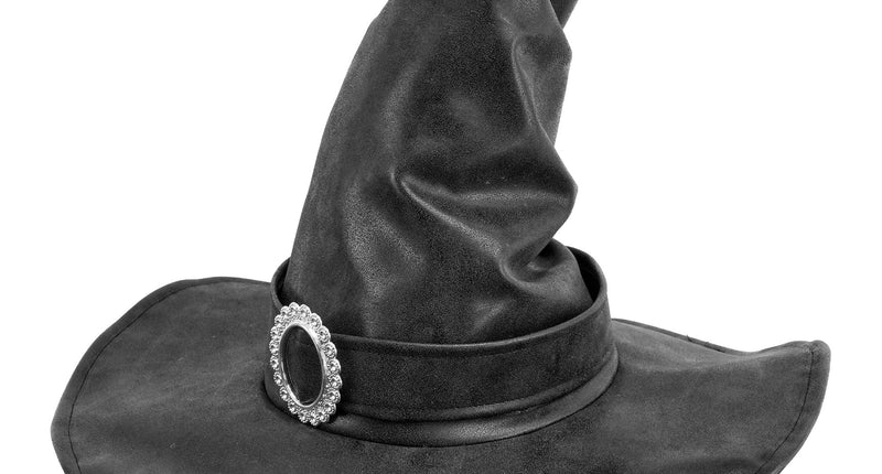 Heksenhoed dames zwart met leerlook en sierbroche