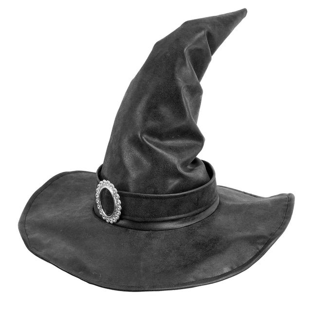 Heksenhoed dames zwart met leerlook en sierbroche