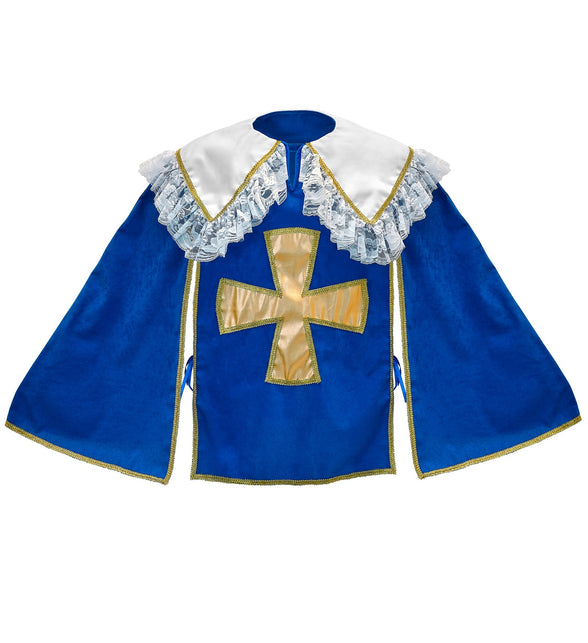 Musketier jas kind vanaf de voorkant uitgelegd, blauw met gouden kruis en kanten schouderruches