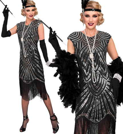 Roaring jaren 20 gatsby flapper jurk zilver voor dames vooraanzicht – kostuums
