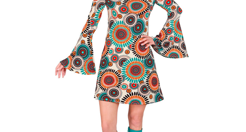 Jaren 70 jurk vintage dames - retro flower power verkleedjurk voor disco party