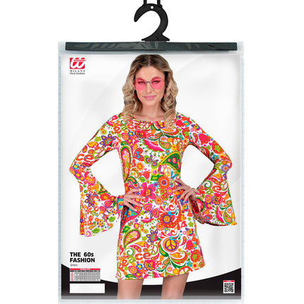 Peace party jaren 70 jurk achterkant - hippie flower power kleding dames retro
