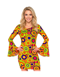 Jaren 70 jurk groovy cirkels dames - retro disco verkleedjurk met gele cirkels