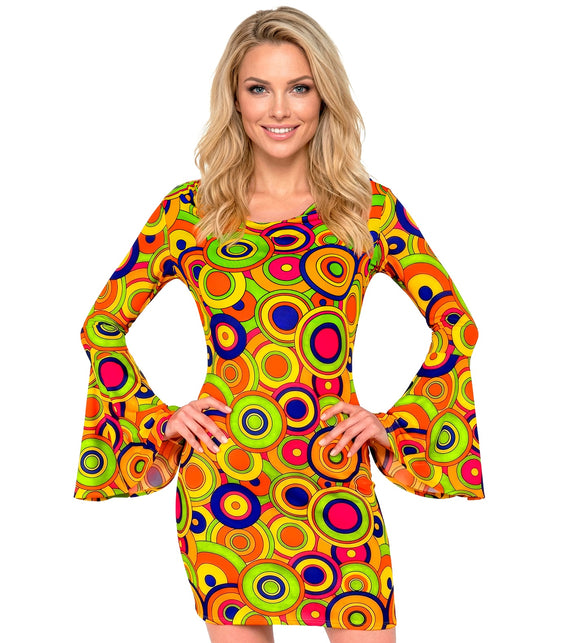 Jaren 70 jurk groovy cirkels dames - retro disco verkleedjurk met gele cirkels