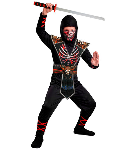 Ninja skelet jumpsuit jongens, zwart pak met rood-witte ribbenkastprint, capuchon en skeletmasker
