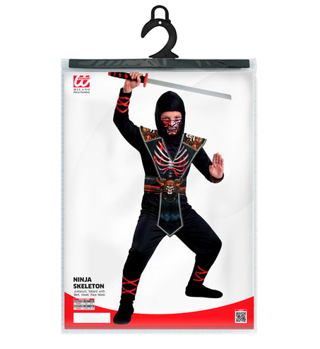 Ninja skelet kinderkostuum in verpakking met jumpsuit, tabard, riem, capuchon en masker