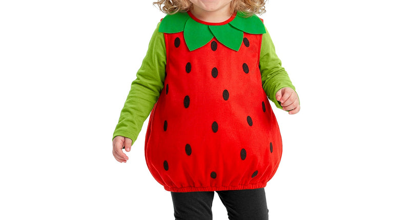 Aardbeien pakje Elise kind, pluche aardbei kostuum met mutsje vooraanzicht
