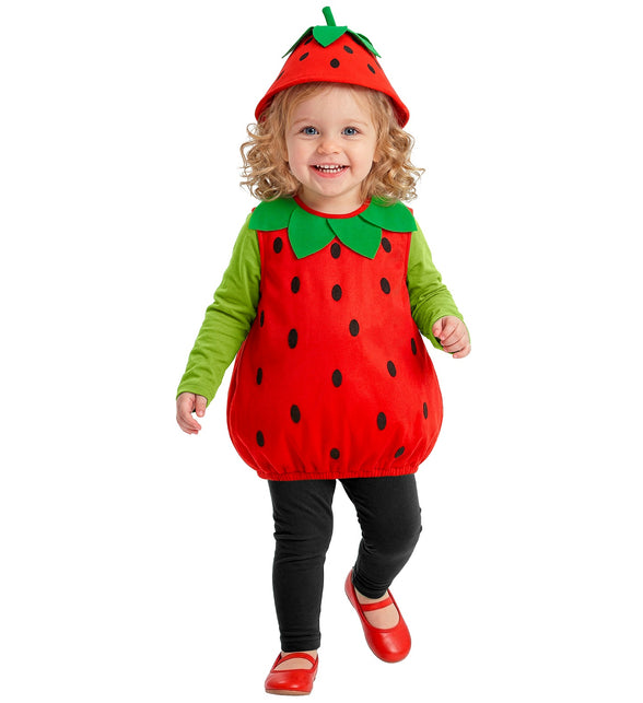 Aardbeien pakje Elise kind, pluche aardbei kostuum met mutsje vooraanzicht