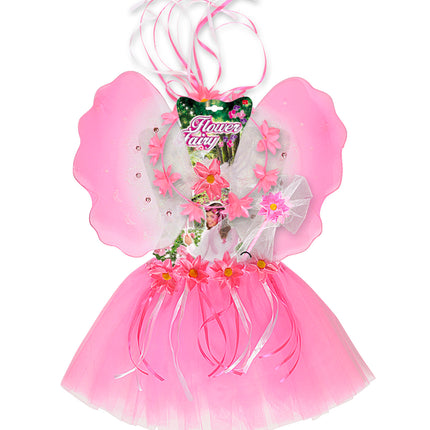 Bloemenfee verkleedset kind compleet, tutu vleugels feenstaf haarband