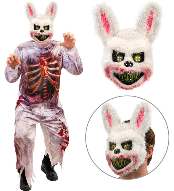 Konijnenmasker van de zombie jumpsuit in detail, witte plush met roze oren en groene tanden