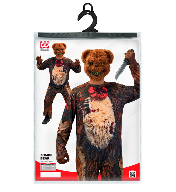 Verpakking van de zombie beer jumpsuit met masker en maattabel S tot XXL