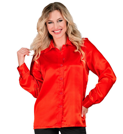 Rode 70s disco blouse satijn dames - glanzend jaren 70 overhemd voor disco party