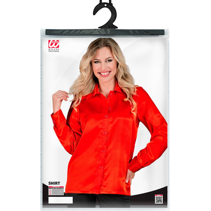 Jaren 70 disco satijnblouse rood achterkant - retro verkleedshirt dames disco