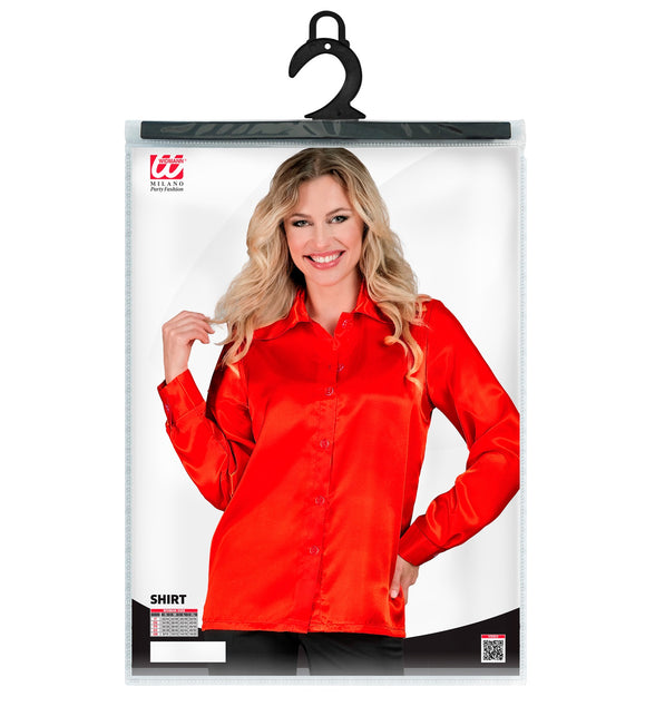 Jaren 70 disco satijnblouse rood achterkant - retro verkleedshirt dames disco