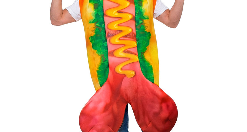 Hot cock kostuum heren met rode capuchon, geel broodje en mosterdprint voor vrijgezellenfeest