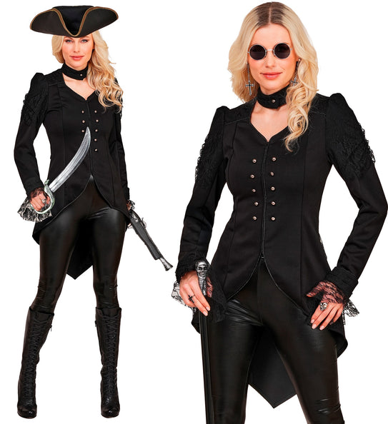 Gothic slipjas dames in zwart met kanten mouwen en zilverkleurige sierknopen voor Halloween