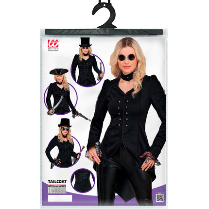 Verpakking van de zwarte gothic slipjas dames met maattabel XS tot XL