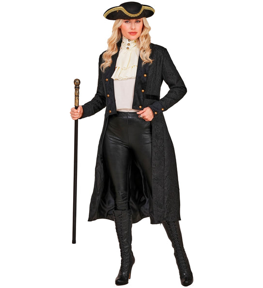 Victorian jas dames zwart gecombineerd met witte jabot voor een kapiteinslook