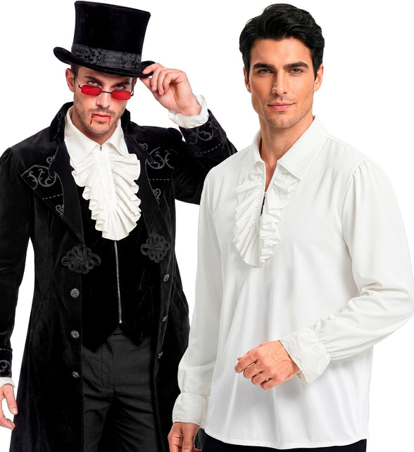 Jabotshirt wit heren met rouchejabot, gedragen los en onder een zwarte fluwelen jas
