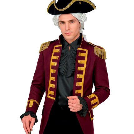 Zwart jabot shirt heren onder een historische uniformjas met krulpruik en steek