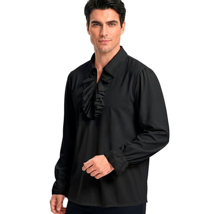 Zwart jabot shirt heren zijaanzicht met lange mouwen en geborduurde manchetten