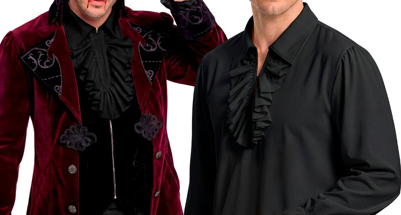 Jabot shirt zwart heren met geplooide ruche op de borst, naast een vampierlook met hoge hoed