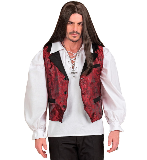 Wit veterhemd heren onder een donkerrood gilet, vampierlook