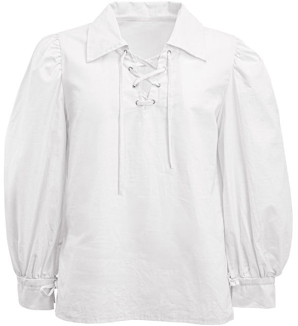 Wit herenshirt zonder model, met veterhals en manchetten met strikbandjes