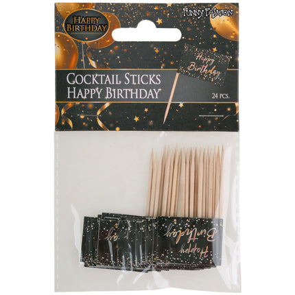 24 cocktailprikkers Happy Birthday in zakje met zwart-gouden ophangkaart van Funny Fashion