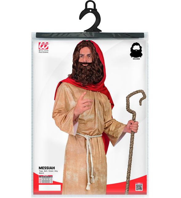Messias kostuum heren in verpakking met maattabel S tot XL en pruik met baard