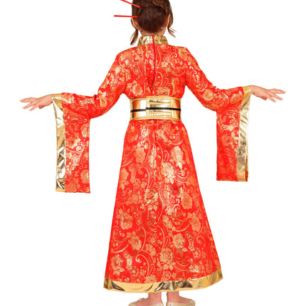 Achterkant van de rode kimono jurk voor meisjes met sluiting in de rug en gouden mouwranden